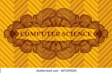 Computer science text inside Currency abstract orange color realistic emblem. Geometric fashionable background. Vector illustration. 