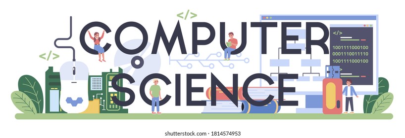 Computer science typographic header. Student write software and create code for computer. Coding script for project and app. Digital technology for website, interface and devices. Vector illustration.