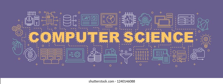 Computer science word concepts banner. Database. Data analysis. Computer engineering. Machine learning. Big data. Presentation. Isolated lettering typography. Vector outline illustration