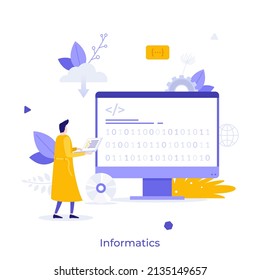 Computer scientist looking at binary numbers on screen. Concept of informatics, computational system or technology, software development or coding. Modern flat vector illustration for poster, banner.