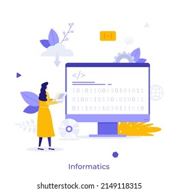 Científico informático observando los números binarios en pantalla. Concepto de informática, sistema o tecnología computacional, desarrollo o codificación de software. Ilustración vectorial plana moderna para afiche, pancarta.