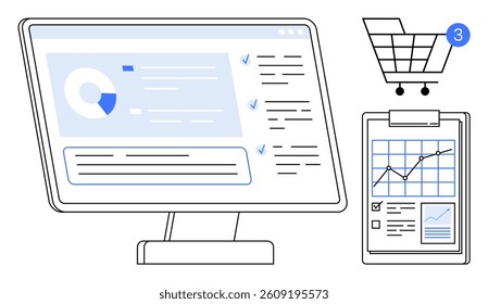Computer screen with analytics dashboard, e-commerce shopping cart with notification, clipboard with growth chart. Ideal for business analysis, digital marketing, e-commerce, data visualization