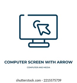 Computer screen with arrow icon. Linear vector illustration from computer and media collection. Outline computer screen with arrow icon vector. Thin line symbol for use on web and mobile apps, logo, 