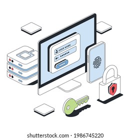 Computer screen, authorization password, smartphone, biometrics fingerprint, lock key, server. Vector 3d line isometric, color web icons, new flat style. Creative design idea for infographics.