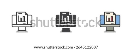 Computer screen with bar chart icon in three styles: line, solid and colorful filled outline. Graph statistics vector icon, data analysis symbol, tech monitor sign.