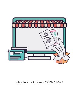 computer screen with bills and credit card