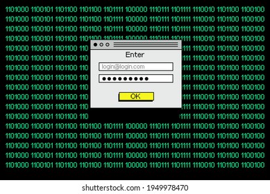 Computer screen with binary code on dark background. Concept of malware, ransomware and virus program.