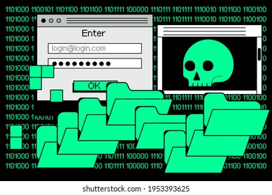 Computer screen with binary code on dark background. Concept of malware, ransomware and virus program.