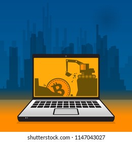 Computer screen with bitcoin mining concept, vector illustration