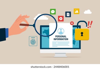 Computer screen with Blocked Account on Screen. Hand holds a magnifying glass for holding search. Hacking and exploit results. Flat vector Illustration.