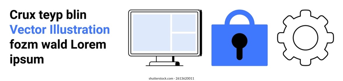 Computer screen, blue padlock, and gear icon. Ideal for tech, software development, security, IT services, programming, web design, tutorials. Banner for landing page