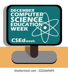 Una pantalla de computadora con texto en negrita e iconos de la ciencia en un escritorio marrón para celebrar la Semana de Educación en Ciencias de la Computación el pasado diciembre