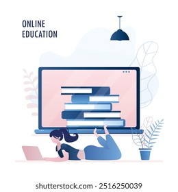 Computer screen with books, female character with laptop, Online education or courses. E-learning, smart girl student, trendy style vector illustration