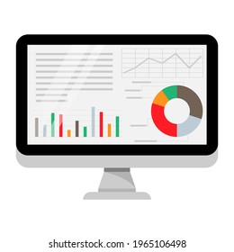 Computer screen with business graph data, analysis trends, financial strategy, statistics, and infographic chart icons. Vector illustration.
