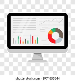 Computer screen with business graph data, analysis trends, financial strategy, statistics, and infographic chart icons. Transperent background. Vector illustration.