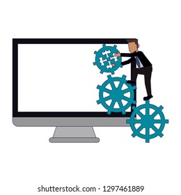 computer screen with businessman and gears blue lines