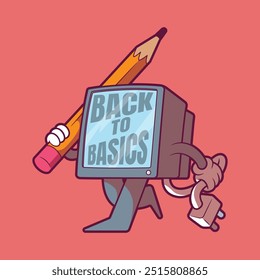 Um personagem de tela de computador está segurando uma ilustração de lápis-vetor. Educação, concepção de trabalho.