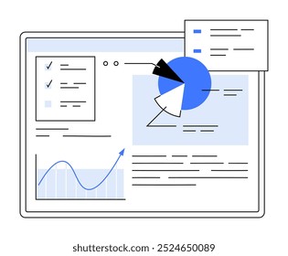 Computerbildschirm mit Diagrammen, Grafiken und Dokumenten, die den Schwerpunkt auf die Datenanalyse legen. Ideal für Präsentationen, Berichte, Geschäftsanalysen, Projektverfolgung, Leistungsüberprüfung. Sauber, modern.