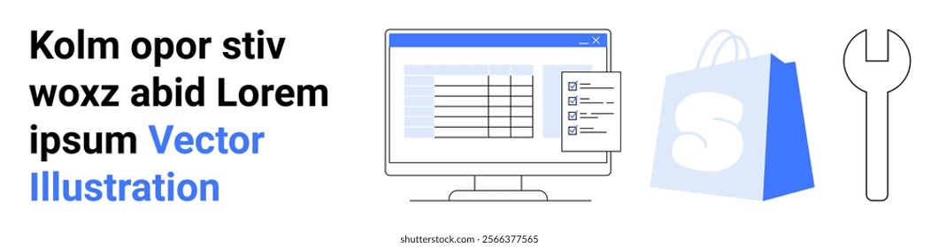 Computer screen with charts, shopping bag, and wrench. Ideal for e-commerce, online store management, digital marketing, website maintenance, business tools. Landing page