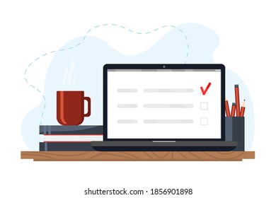 Computer screen with checklist document. Concept of paper checklist and to do list with checkboxes, survey, completed things or done test etc. Vector stock illustration isolated on white background.