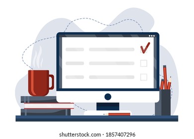Computer screen with checklist document. Concept of paper checklist and to do list with checkboxes, survey, completed things or done test etc. Vector stock illustration isolated on white background.
