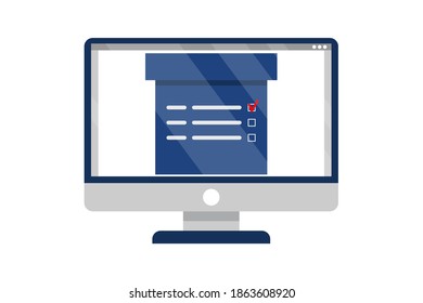 Computer screen with checklist document. Concept of checklist and to do list with checkboxes, survey, completed things or done test etc. Vector stock illustration isolated on white background.