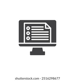 Computer screen with checklist vector icon. filled flat sign for mobile concept and web design. Online Course Enrollment glyph icon. Symbol, logo illustration. Vector graphics