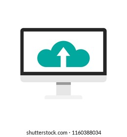 Computer screen with cloud and arrow up. Flat icon. 
