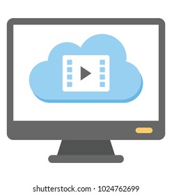 A computer screen with cloud and video vile, cloud video player flat icon