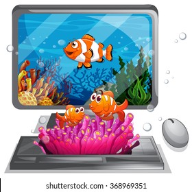 Computer screen with clownfish swimming illustration