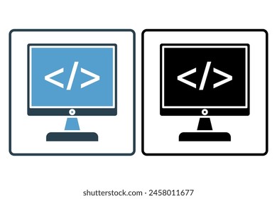 computer screen with code icon. icon related to computer. suitable for web site, app, user interfaces, printable etc. solid icon style. simple vector design editable