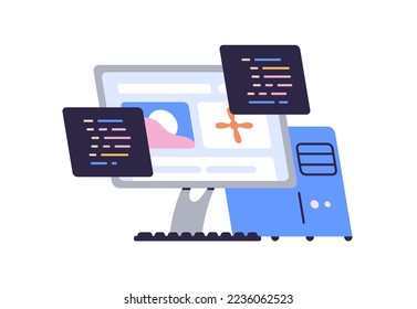 Computer screen with code, script. Information technology and computing school subject concept. Abstract programming at desktop PC. Flat graphic vector illustration isolated on white background.