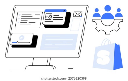 Computer screen with collaboration tools icons like files chat and email along with people, teamwork graphic and shopping bag Ideal for digital work environments online business ecommerce