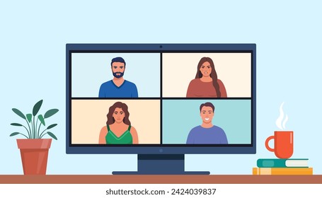 Pantalla de computadora con reunión virtual colectiva, videoconferencia grupal. Gente chateando en línea. Ilustración del vector