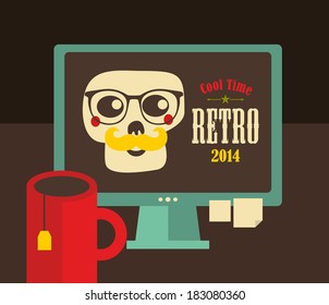 Computer screen with colorful skull on the desktop. Vector illustration of hipster workplace.