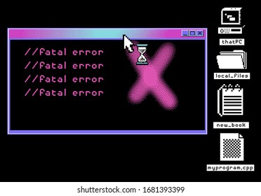 Pantalla de equipo con interfaz de línea de comandos o terminal de consola. Ilustración retrofuturista de estilo vaporwave.