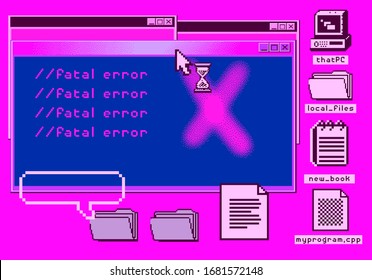 Pantalla de equipo con interfaz de línea de comandos o terminal de consola. Ilustración retrofuturista de estilo vaporwave.