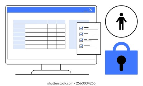 Computer screen with a data table, checklist, person icon, and blue padlock symbol. Ideal for data security, office management, privacy protection, task completion, and information safety. Vector