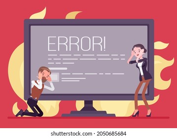 Computer screen of death, stop error, fatal system problem. Frustrated office male, female clerk in panic with device crash in fire, hardware failure, software stop working. Vector illustration