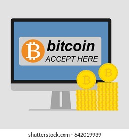 Computer screen desktop show bitcoin accept here with bitcoin for online payment. Vector illustration Bitcoin mining concept.