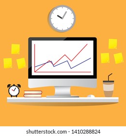 Computer screen diagram info chart with statistical data. flat design.