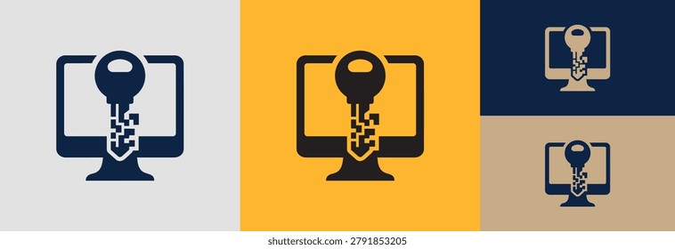Computer screen with digital key and pixelated shield. Symbolizes online privacy, secure access, data encryption, and cybersecurity. Modern technology concept for network protection.