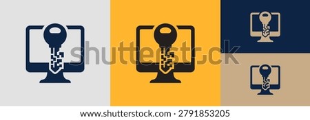 Computer screen with digital key and pixelated shield. Symbolizes online privacy, secure access, data encryption, and cybersecurity. Modern technology concept for network protection.