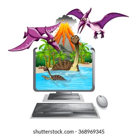 Computer screen with dinosaurs in the lake illustration