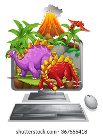 Computer screen with dinosaurs and volcano illustration