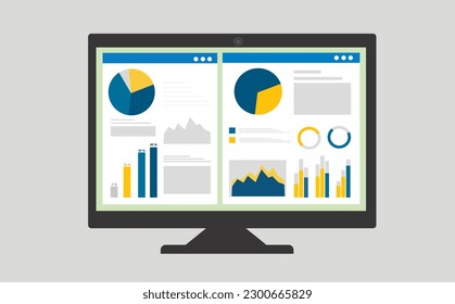 Computer screen displaying charts and graphs banners showing statistics.