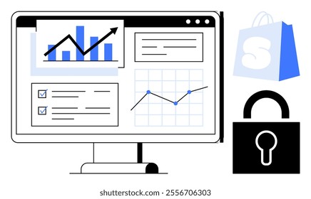 Computer screen displaying charts and graphs indicating growth. Shopping bag and lock symbol conveying e-commerce security. Ideal for business analytics, online security, e-commerce, growth