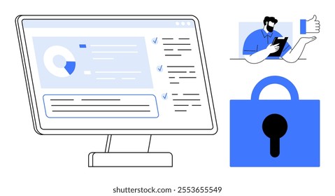 Computer screen displaying data analytics, a thumbs-up gesture from a man using a tablet, and a secure padlock symbol in blue. Ideal for business management, data security, modern technology, digital