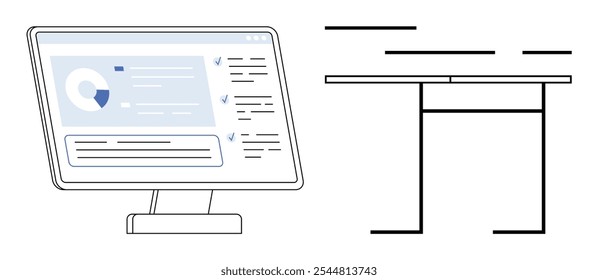 Tela de computador exibindo dados ao lado de uma mesa minimalista sublinha temas de tecnologia, organização do espaço de trabalho, produtividade, análise de dados e design moderno. Ideal para configurações de escritório