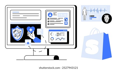 Pantalla de computadora que muestra servicios digitales de salud, App de la salud y datos médicos. También incluye una bolsa de la compra. Ideal para la salud en línea, App médicos, telemedicina, comercio electrónico, innovación tecnológica
